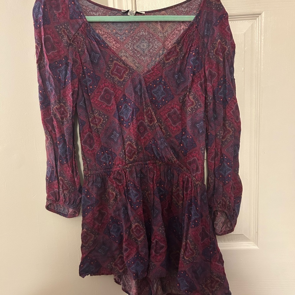 American Eagle Outfitters Red V-Neck Jumpsuit with Bishop Sleeves